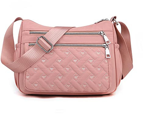 YUESITE Umhängetasche Damen, Kleine Gesteppt Schultertasche mit mehreren Taschen Leichte Wasserdichte Messenger Bags Nylon Geldbörse Handtasche Rosa