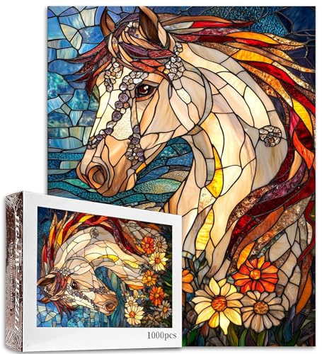 Tucocoo Puzzle 1000 Teile für Erwachsene, Pferde-Glas-Stil, Meer-Puzzle, herausforderndes Puzzle, perfekt für Spielabende, DIY-Wanddekoration, Kunst-Puzzle, Buntglas, Bauernhaus-Pferd, 68,6 x 50,8 cm