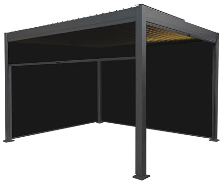 Metal Pergola 3m x 4m Anthracite Grey With 4 Retractable Anthracite Mesh Blinds & LED Lights Tilting Canopy Roof Aluminium Outdoor Garden Gazebo Sun Weather Resistant Tools & Ground Bolts Included