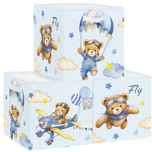 Clastyle 3 Stück Traumtier Aufbewahrungsbox Stoff für Kallax Faltbar Aufbewahrungskorb Klein Schrank Organizer Kleiderschrank für Regal, Bär, 30x30x30 cm