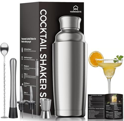 YARRAMATE Shakers à Cocktails 8 pièces, 700 ML/24 OZ Shaker Cocktail INOX avec Passoire Intégrée, Kit Isotherme avec Jigger, Cuillère, Pilon, Verseurs et Recettes pour Bar Maison