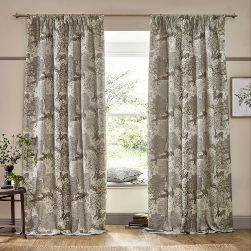 Morris&Co. Brook Pencil Pleat Curtain Pair – Lined Jacquard Woodland Tapestry-Inspired Drapes (Linen - 229x137cm)