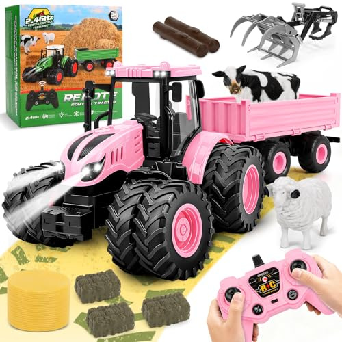 Herenear RC Traktor Spielzeug, Ferngesteuerter Traktor mit Anhänger und Licht Vorne, Ferngesteuert Spielzeug für Kinder, RC Traktor Motorsound, 2 Radantrieb, Blinker, Kuh und Heuballen