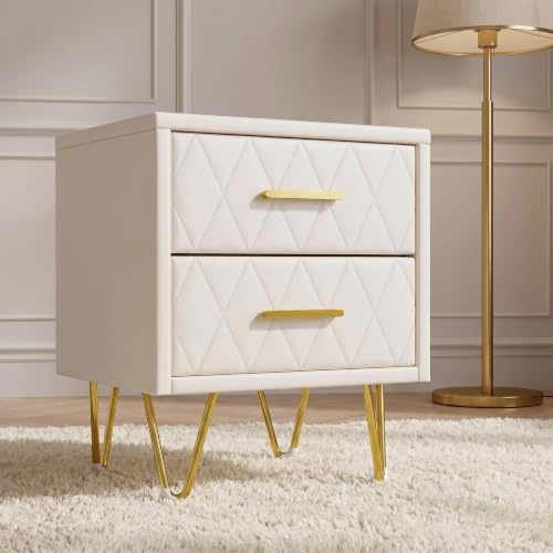 MEXUS Table de Chevet avec 2 tiroirs et poignées, adaptée à la Chambre et au Salon, Table d'appoint de Rangement, avec revêtement Souple - matière PU, Beige, 35,5x41x51cm