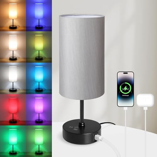 Befurglor Bedside Table Lamps, Stepless Dimmable 3 CCT and RGB 7 Colors, Table Lamp with USB A+C Charging Ports, Touch Lamps for Bedroom Living Room(Grey Fabric Shade)