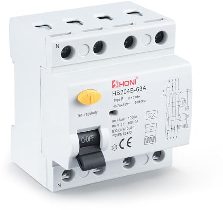FI Strom Schalter Typ B 63A 30mA 4 Poliger, All strom Intensiver Fehlerstromschutz, Fehlerstromschutzschalter, Automatischer Safe, Ladestation des Stromschalters, DIN Schienen Installation(Yellow)