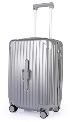 JLY 20 Inch Hard Shell Cabin Case, Cup Holder, TSA Lock, Metallic Silver | ABS+PC construction, wet/dry zip dividers, 360-degree spinner wheels, adjustable aluminium handle for easy travel