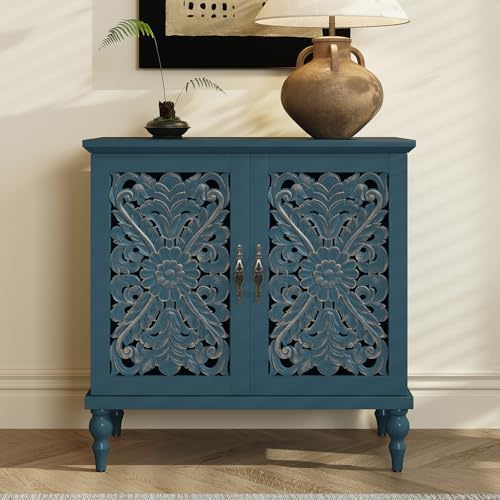 HOLTICO Sideboards for Living Room, Vintage Blue Sideboard Storage Cabinet | 2 Doors Hollow Floral Carving Accent Cabinet