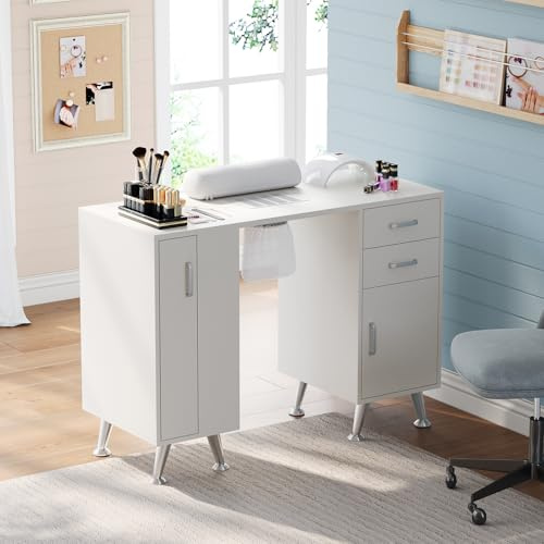 Crevyteg Professional Nail Table with Electric Dust Collector, Manicure Desk with Wrist Rest, Pull-Out Locker, Drawers for Nail Techs Salon Home Beauty Studio Makeup Vanity Station