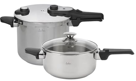 JATA Home HOLL2547 Express-Schnellkochtopf, 4 l + 7 l, Edelstahl, SUS304, Induktion, 2 Druckstufen, Dreifach-Sicherheitssystem, Glasdeckel, Diffusorboden