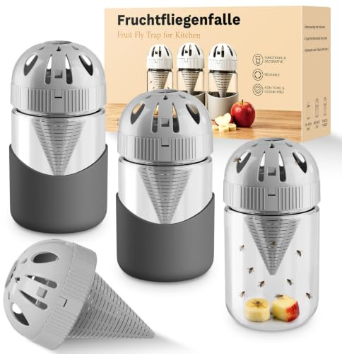 Fruchtfliegenfalle 3er-Set, Obstfliegenfalle für Küche Wiederverwendbar Glas Fruchtfliegenfalle Lebendfalle zum Dauerhaften Loswerden von Lästigen Fruchtfliegen, Dekorativ Fruit Fly Trap