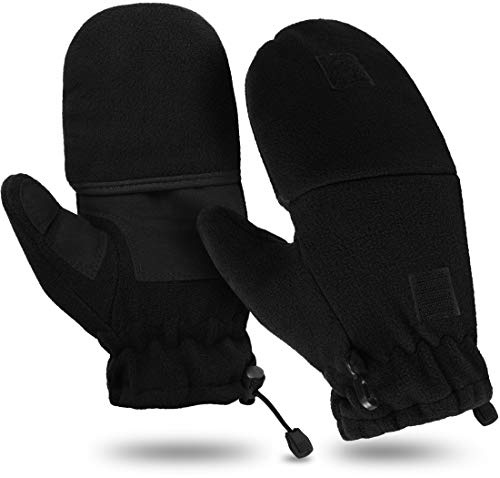 Storfisk fishing & more 2-in-1 Fleece Fausthandschuhe Fäustlinge mit umklappbaren Fingerspitzen, Farbe :Schwarz, Größe:L