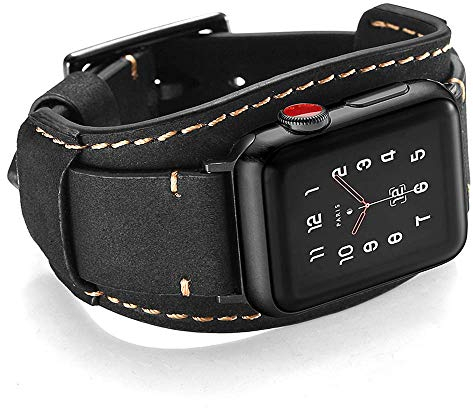 Leotop Compatible avec Apple Watch Bracelet 41mm 40mm 38mm, Bande en Cuir Véritable Strap avec Boucle en Acier Inoxydable Compatible iWatch Series 8/7/6/5/4/3/2/1 SE SE 2 (41/40/38 mm, Noir)