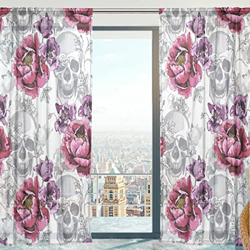 Mnsruu Fenstervorhänge, Tulpen, Blumen und Totenköpfe, weicher Tüll, Voile, Vorhänge für Wohnzimmer, Schlafzimmer, 140 x 213 cm, 2 Paneele