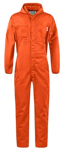 Yukirtiq Men's Lightweight Hooded Overall Hard Wearing Solid Color Mechanics Boiler Suit Workwear Hooded Boilersuit Coverall, Orange, S