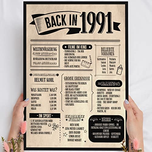 34 Geburtstag Geschenk, Alte Zeitung Holzbild Back in 1991 Vintage personalisierbar zum Hinstellen/Aufhängen opt. beleuchtet, 34 Geburtstag Frau, 34 Geburtstag Mann, 34. Geburtstag, 34 Geburtstag Deko