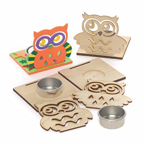 Baker Ross FE642 Eule Teelichthalter Bastelset aus Holz - 4er Pack, Holzteelichthalter für Kinder zum Basteln und Bemalen