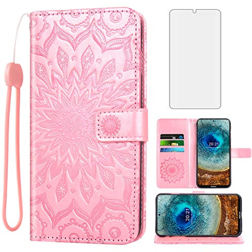 Asuwish Phone Case for Nokia X10/X20 Wallet Cases with Tempered Glass Screen Protector and Sunflower Leather Slim Flip Cover Card Holder Stand Cell Accessories NokiaX10 10X NokiaX20 5G Women Rose Gold