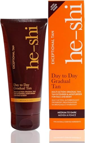 He-Shi Day-to-Day Gradual Fake Tan - Darker, 200ml | Hydrating self-tan moisturiser with Vitamin E. Builds a natural bronze glow for face and body.
