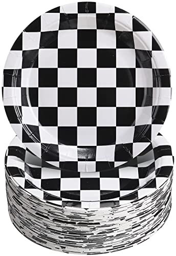 Zopeal 80 Pcs Checkered Race Car Plates Party Supplies 7 Inch Black White Checkered Flag Disposable Paper Plates for Racing Car Birthday Party Favors