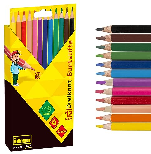 Idena 20135 - Jumbo Buntstifte mit 5 mm dicker Mine in 12 Farben, Farbstifte aus FSC Holz in ergonomischer Dreiecksform, verpackt im Kartonetui