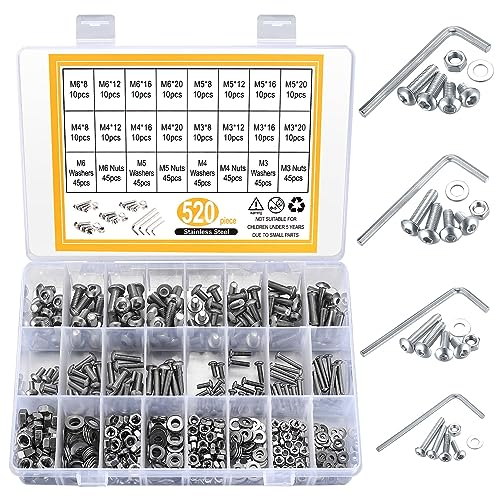 Ensemble de 520 pièces de vis et écrous M3/M4/M5/M6, Kit d'assortiment de vis à six pans creux et rondelles, Acier inoxydable, Idéal pour vélo, moto, Quincaillerie domestique