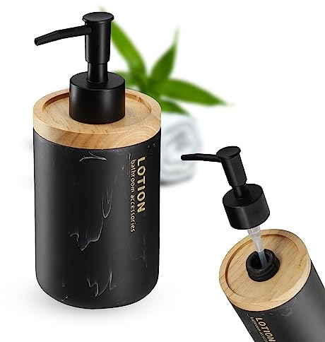 KADAX Seifenspender, ⌀7,5cm Handseifenspender in Marmormuster, Seifendosierer aus Kunststoff mit Bambusdeckel, Pumpspender in Zwei Farben, Badaccessoire (Schwarz)