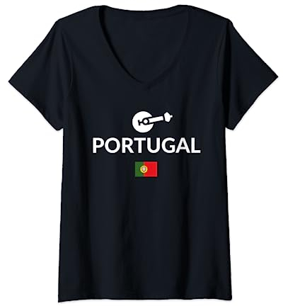 Damen Portugal Flagge Portugiesische Gitarre Fado Gitarre Outdoor Trip T-Shirt mit V-Ausschnitt
