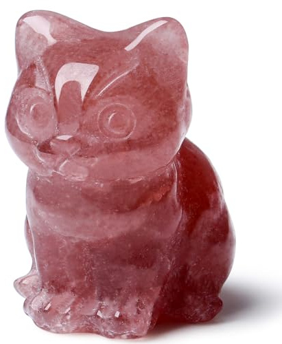 DUQGUHO Katzendekoration, Erdbeerquarz, Katze, Kristallfiguren, Glück, niedliche Katze, Statue für Zimmer, Schreibtisch, Dekoration, Kristalle, Katzenliebhaber, Männer und Frauen