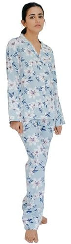 SNOOZE OFF Damen Schlafanzug | Kuscheliges 2-Teiliges Pyjama Set | Langarm Oberteil & Lange Hose | 100% Baumwolle | Hellblau mit Blütendruck in weiß