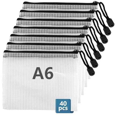 40 Stück Dokumententasche A6 Weiße Dokumententasche Abheftbar Dokumentenmappe A6 mit Reißverschluss Mesh Kunststoff Reißverschlusstasche für Dokumente, Papier, Prüfungsblatt, Kosmetik