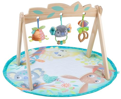 Playgro Fauna Friends Baby Activity Gym aus Holz – Baby-Spielmatte für den Boden mit 3 hängenden Spielzeugen – Dschungel-Thema, Baby-Fitnessstudio für sensorische Entwicklung, Spielmatte aus Holz für