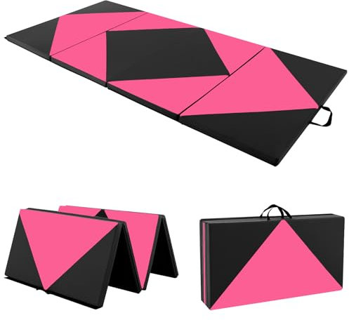 COSTWAY Tappetino Ginnastica Pieghevole 240 CM, Tappetino Fitness con Maniglie e Chiusure a Strappo per Stretching, Yoga, Arti Marziali da Casa e Palestra (Nero e Rosa)