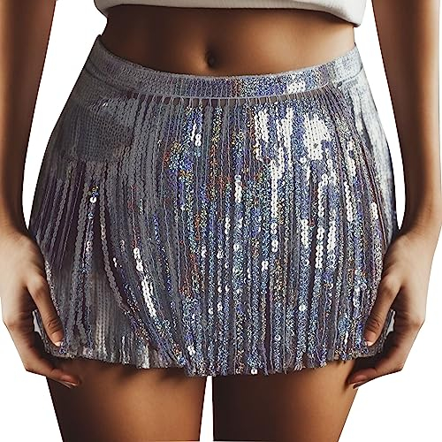 Frauen Boho Rave Rock Fransenrock Glitzer Pailletten Quaste Minirock Bauchtanz Hüfttuch Rave Party Festival Outfit Kostüm Damen Pailletten Quasten Rock Rave Bauchtanz Kostüm (Silver, M)