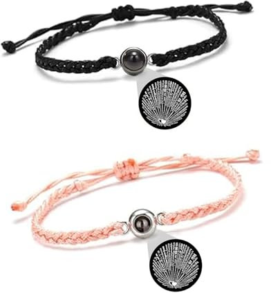 Xanewza 1 Paire Bracelet de Couple Personnalisé, Bracelet de Projection avec Je t'aime en 100 Langues, Cadeau pour Anniversaire/Saint-Valentin(Noir, Rose)