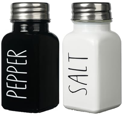 Salt and Pepper Shakers Set, Glass Bottom Salt Pepper Shaker with Stainless Steel Lid for Kitchen Gadgets Cooking Table, Camp,BBQ Spice Shaker Containers, BBQ Seasoning Bottle Jars. (White and Black)