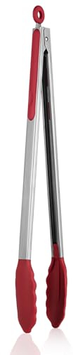 U-Taste 40cm Küchenzange aus Silikon: 250℃ hitzebeständige Kochzange mit fest versiegelten Antihaft-Gummispitzen & silikonbeschichtetem Stahlgriff & glatter Verriegelung zum Servieren (Rot)