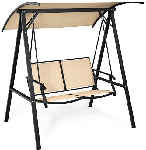 DREAMADE 2 Sitzer Hollywoodschaukel, Schaukelbank, Gartenschaukel mit verstellbarem Sonnendach für Hinterhof Garten Terrasse, Beige