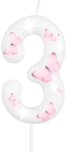 Birthday Candle Topper, White and Pink Butterfly Number 3 Candles, Cute Birthday Party Cake Candles Decorate Girls Kids Butterfly Theme Party