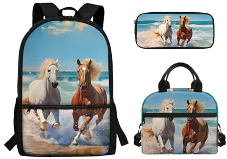 xixirimido 3-in-1 Schulter-Büchertasche, isolierte Lunchtasche, Federmäppchen, Laufpferd, Einheitsgröße, Lässiger Tagesrucksack