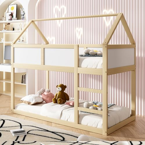 YESGIGA Etagen-Kinderbett, 90x200 cm, niedriges Etagen-Einzelbett, Hochbett mit Treppe, Massivholzrahmen (Beige)