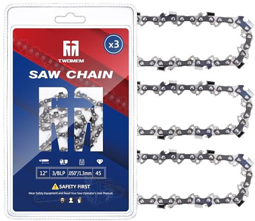 3 Pack 12 Inch Chainsaw Chains 3/8 LP Pitch .050 Gauge 45 Drive Links, 12 Replacement Chain Compatible with Echo 2511T/271T, Greenworks 20262/20292, Craftsman, Husqvarna, Remington, Hart - S45