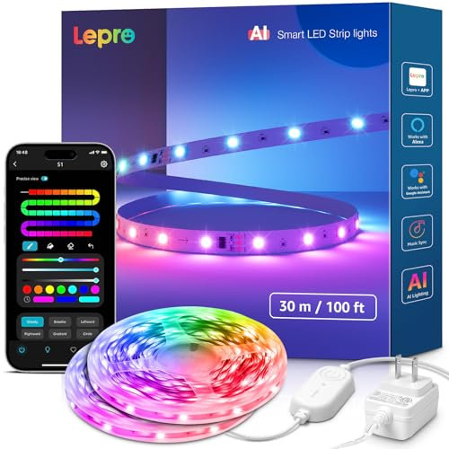 Lepro S1 AI Striscia LED 30M,Smart Strisce LED,Luci Natale per Camera da Letto,Funziona con Alexa/Google Assistant,Assistente di Progettazione Illuminotecnica AI,Sync Musicale per TV Gaming Bar Festa