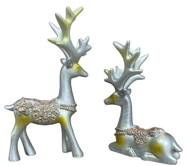 2er kleine Hirsche Silber H 11cm & 9,5cm Rentier Deko Weihnachten Weihnachtsdeko