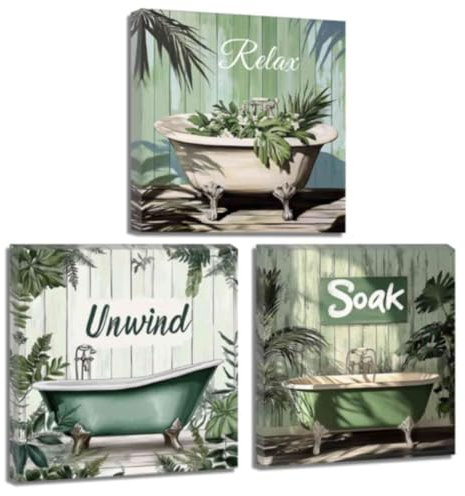 ZQQART Green Bathroom Wall Art Bath Tub Picture Prints Set of 3 Relax Sign Poster Canvas Art Botanical Bathroom Art Frames Wall Decor (12.00 x 12.00 x 3)