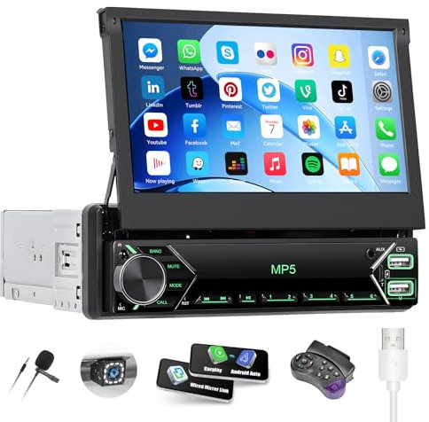 SIXTOP 1 din Bluetooth Autoradio mit versenkbarem Bildschirm, 7 Zoll Single Din Radio mit Carplay Android Auto Mirrorlink Bluetooth Freisprecheinrichtung FM Type-C 2USB AUX EQ MIC SWC+Rückfahrkamera