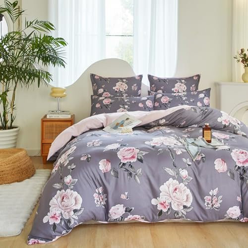 Gezu Housse de Couette 220x240cm Fleurs Motif Rose Floral Parure de Lit Rose 220x240cm Doux Microfibre Lit Linge de Lit 2 Personnes Adulte avec Fermeture Éclair avec 2 Taies d'oreiller 65x65cm,Gris