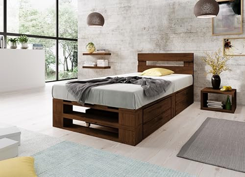Lermowood Palettenbett M2 aus Holz 90 x 200 cm Palisander mit Kopfteil und 2 Bettkästen Holzbett 40cm Stabiles Seniorenbett Kinderbett Jugendbett Gästebett erhöhtes Bettgestell Futonbett Komforthöhe