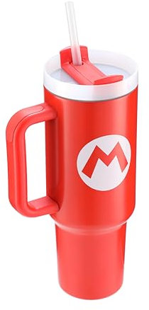 Pyramid International Super Mario - Vaso oficial de 1200 ml con popote y tapa, aislamiento al vacío de doble pared, frío durante 11 horas, caliente durante 7 horas, sin BPA
