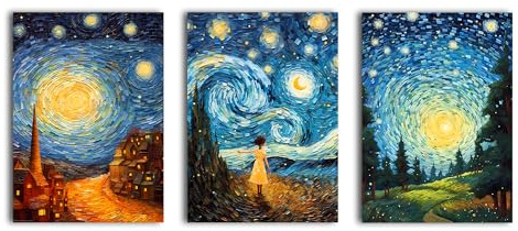 simpa 3 Panel Canvas Wall Art – Van Gogh Inspired Starry Night – Framed & Stretched Artwork for Home, Living Room, Office Décor
